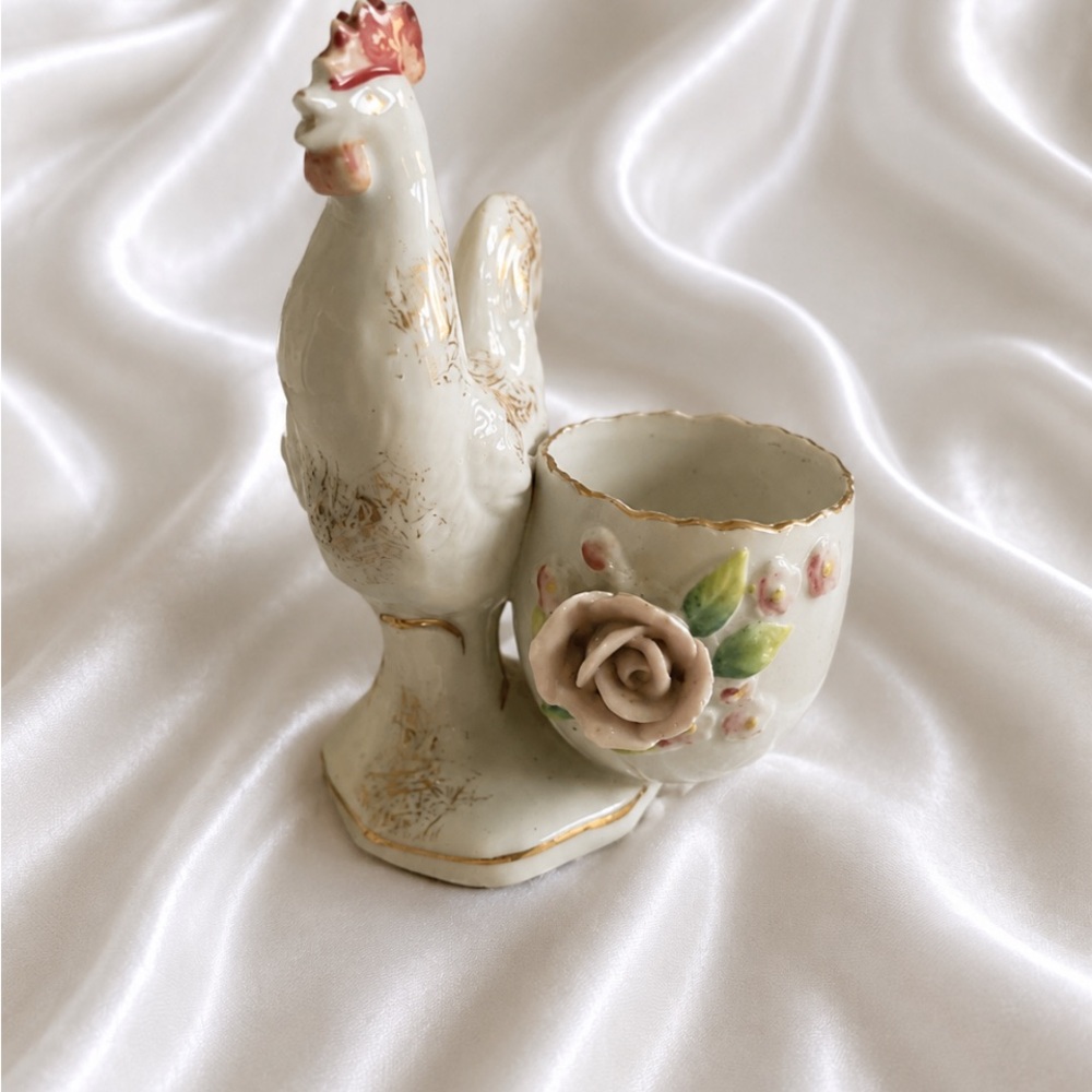 Rooster Egg Cup Holder Porcelain “VINTAGE” w/Pink Rose Accent White